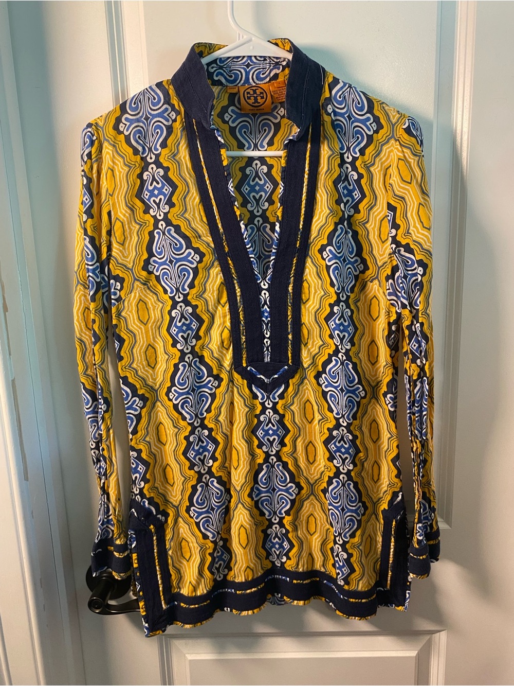 Tory Burch Yellow and Navy Patterned Tunic Blouse